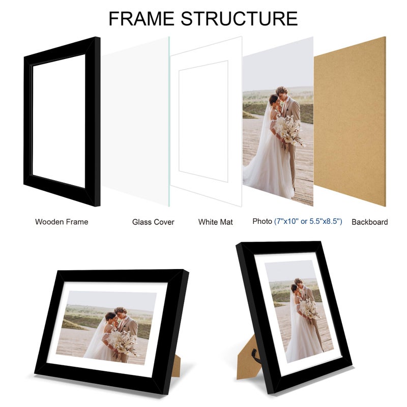 Hongkee 7x10 Picture Frame Set of 4, Made of Real Glass and Black Frame - Display Picture 5.5x8.5 with Mat or 7x10 Without Mat, 7 by 10 Photo for Wall or Tabletop - Image 3